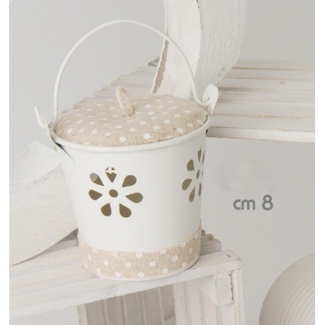 Secchiello latta bianco con coperchio e passamaneria telo pois CM 10 (manico compreso)