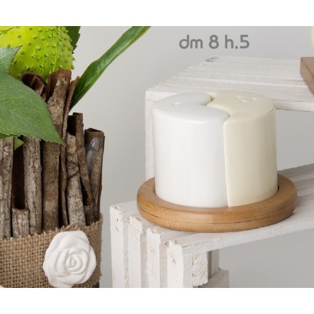 Sale e pepe ceramica bianca e panna con base legno DIAM 8 H 5 con scatola