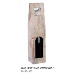 Scatola porta bottiglie cartoncino wood, con manico e finestra. CM 9x9 H 38.5