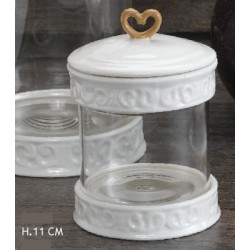 Barattolo vetro e ceramica bianco con tappo dettaglio cuore. H 11