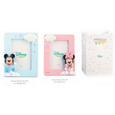 Portafoto resina Disney con Minnie e Topolino, rosa o azzurro con shopper. CM 9x12 EST - CM 5.5x8.5 INT