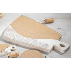 Tagliere legno e resina con decoro merletto, coltello da formaggio e scatola. CM 40x23 MADE IN ITALY