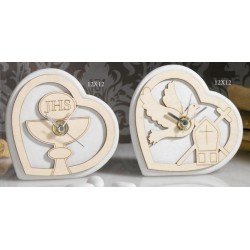 Orologio forma cuore in resina e legno con immagine sacra, scatola pvc interna porta confetti e scatola. CM 12x12 MADE IN ITALY