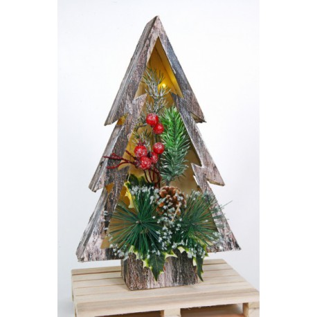 Albero legno con luce LED, rami, pigne e decorazioni natalizie. CM 30x18.5