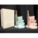 Profumatore provetta vetro con base legno orsetto baby, rosa o azzurro con scatola. Base CM 10x7 H 12