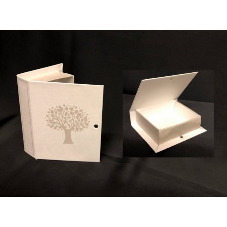 Scatola cartoncino forma libro con decoro albero. CM 9.5x7.5 H 2.5. Parte contenitiva CM 7.5x7