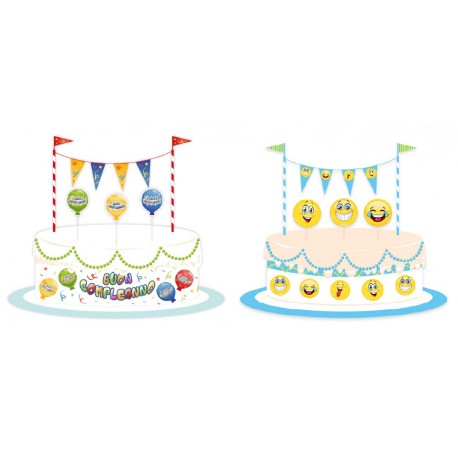 Set decorazione torta in cartoncino: girotorta, 3 picks, decorazione con festoni.