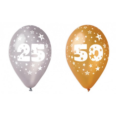 Set 10 palloncini oro o argento in lattice con decoro anniversari, adatti per gonfiaggio ad elio o ad aria. CM 30