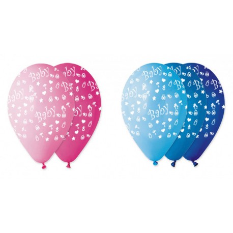 Set 100 palloncini rosa o azzurri sfumati in lattice con decoro baby, adatti per gonfiaggio ad elio o ad aria. Ass 3 per colore.