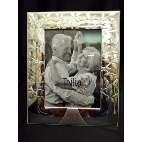 Portafoto argento con albero e 50, con scatola. CM 13x18