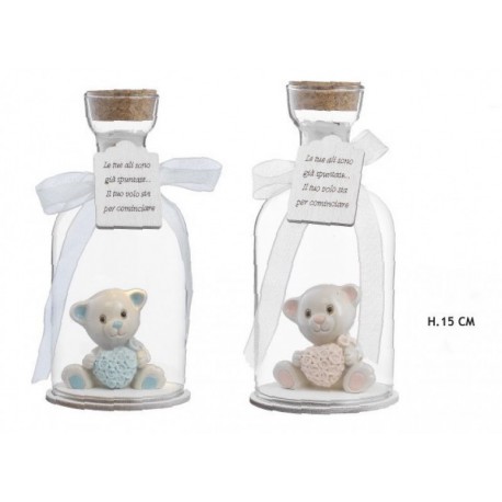Bottiglia vetro con orsetto resina baby con luce LED. H 15