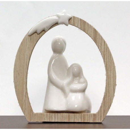 Sacra Famiglia ceramica con arco legno. CM 9