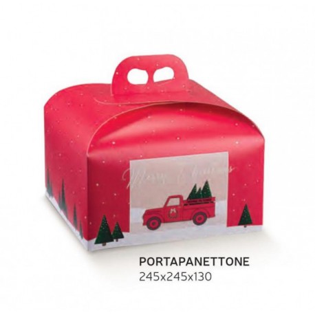 Scatola porta panettone in cartoncino rosso con decoro Pickup. CM 24.5x24.5 H 13