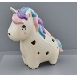 Unicorno in ceramica, colore perlescente e luci LED. CM 15x7.5 H 15.5