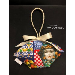 Sacchetto tessuto stampa "Sicilia" a forma di cestino con manico cordone lucido. CM 14 MADE IN ITALY