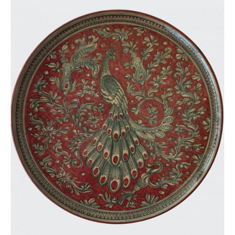 Piatto in ceramica con pavone rosso rubino Diam. cm 27 - Artigianato Artistico Fatto a Mano
