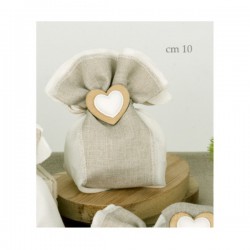 Sacchetto tessuto bicolore base quadrata con decoro legno a cuore.CM10