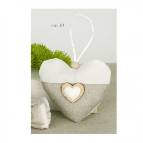 Sacchetto tessuto bicolore a cuore con decoro legno.CM10