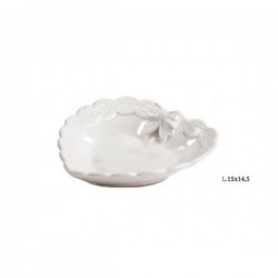 Piatto ceramica bianca con decoro merletto e fiocco.L15x14.5