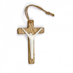 Croce legno con Cristo in resina stilizzato.H11
