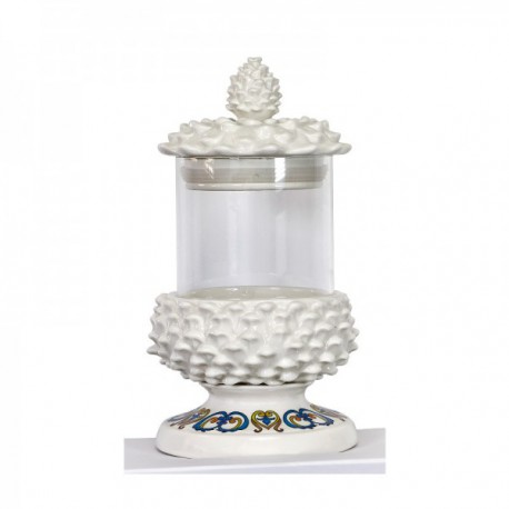 Barattolo pigna con base in porcellana decorata e vetro.VETRO DIAM.9.5 - H25,5