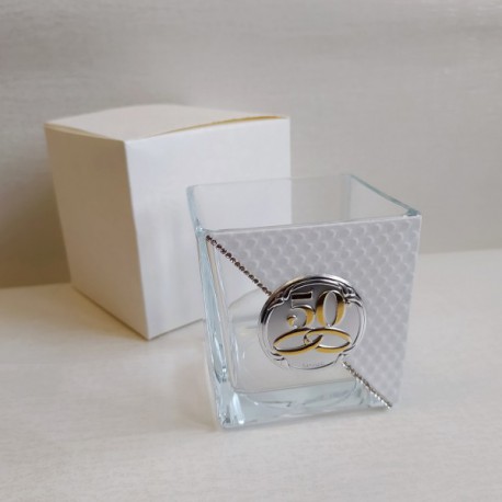Vasetto vetro con decoro bianco strass e placca,scatola compresa.MIS.7x8cm