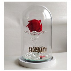 Campana vetro con fiore cristallo e rosa stabilizzata,scritta removibile.MIS.14xH21cm