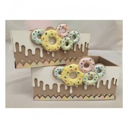 Set 2 scatole rettangolari legno con decorazione donuts. CM 25x16 H 11 - CM 21x11 H 9