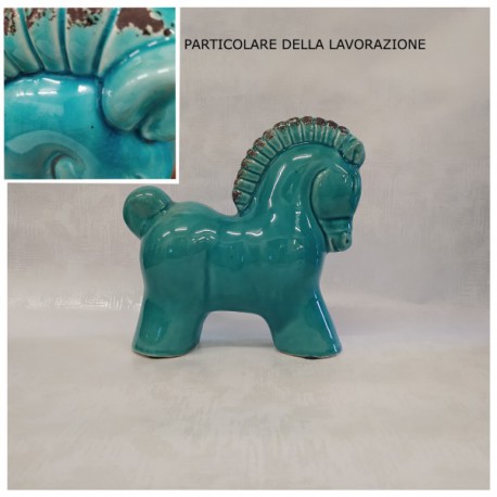 Cavallo ceramica anticata,turchese.MIS.23X9 H23CM