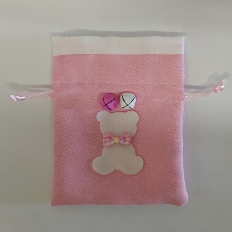 Sacchetto tessuto rosa con applicazione orso. CM 10x13