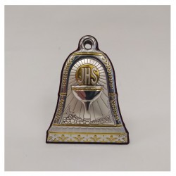 Icona comunione in laminato argento su base legno forma campana con sonaglio.H 7CM