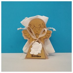 Scatola legno forma angelo con scritta ,calice gesso e sacchetto cotone.MIS.5X8CM