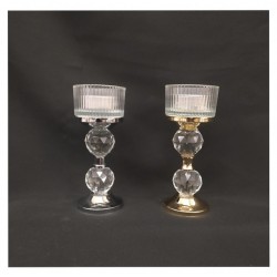 P/candela vetro con 2 sfere cristallo.H 13CM