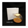 P/t light vetro con sabbia dorata e ciondolo in ottone ricoperto in oro,scatola compresa.DIAM.8 H.6CM MADE IN ITALY