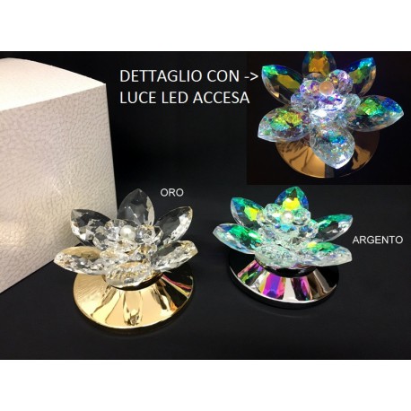 Fiore ninfea cristallo boreale su base metallo con luce LED e scatola. Diam. 8 H 4 MADE IN ITALY