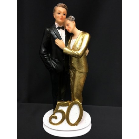 Cake topper coppia 50° in resina con abito glitter oro. H 18.5