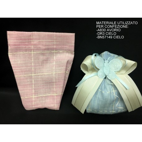 Sacchetto tessuto opaco con impuntura, rosa o azzurro. CM 10x13