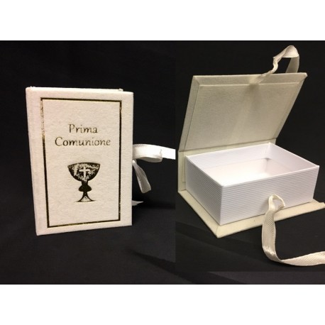 Scatolina forma libro in cartoncino e velluto con stampa comunione. CM 8x5 H 3