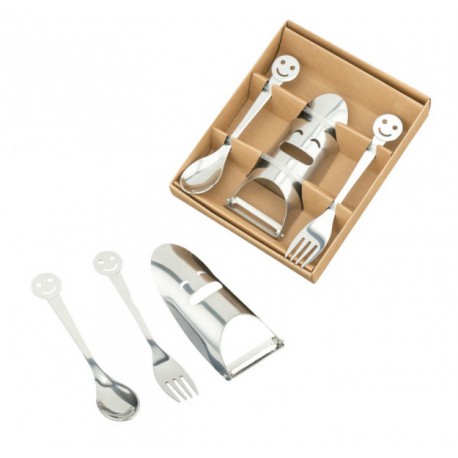 Set cucchiaino, forchettina e pelapatate smile in metallo con scatola. Forch CM 14